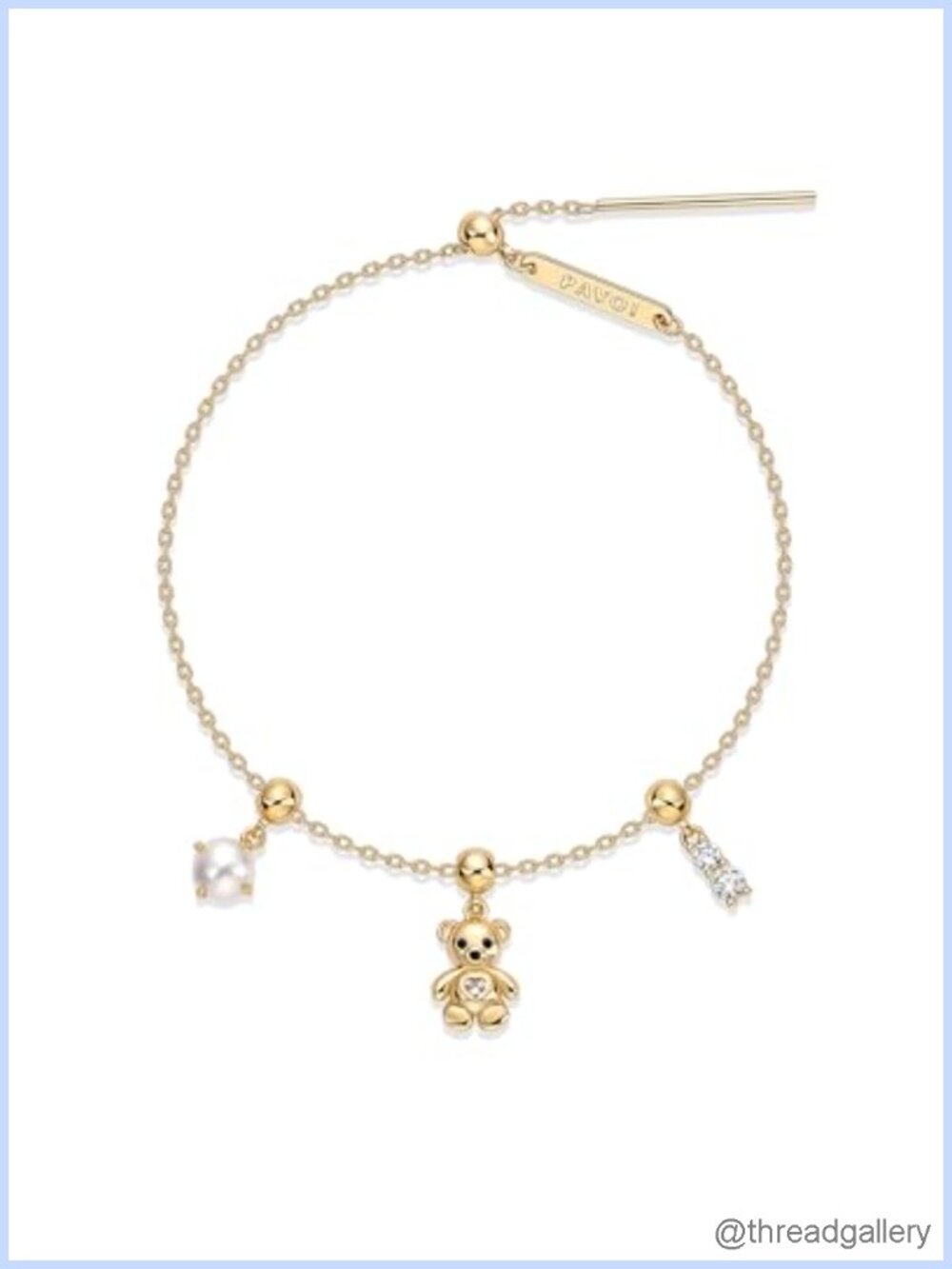 14K Gold Plated Charm Bracelet Set Adjustable Sliding Ball Removable Teddy Bear